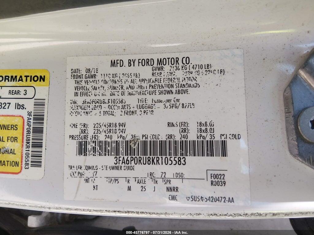 3FA6P0RU8KR105583 2019 FORD FUSION HYBRID photo no. 9