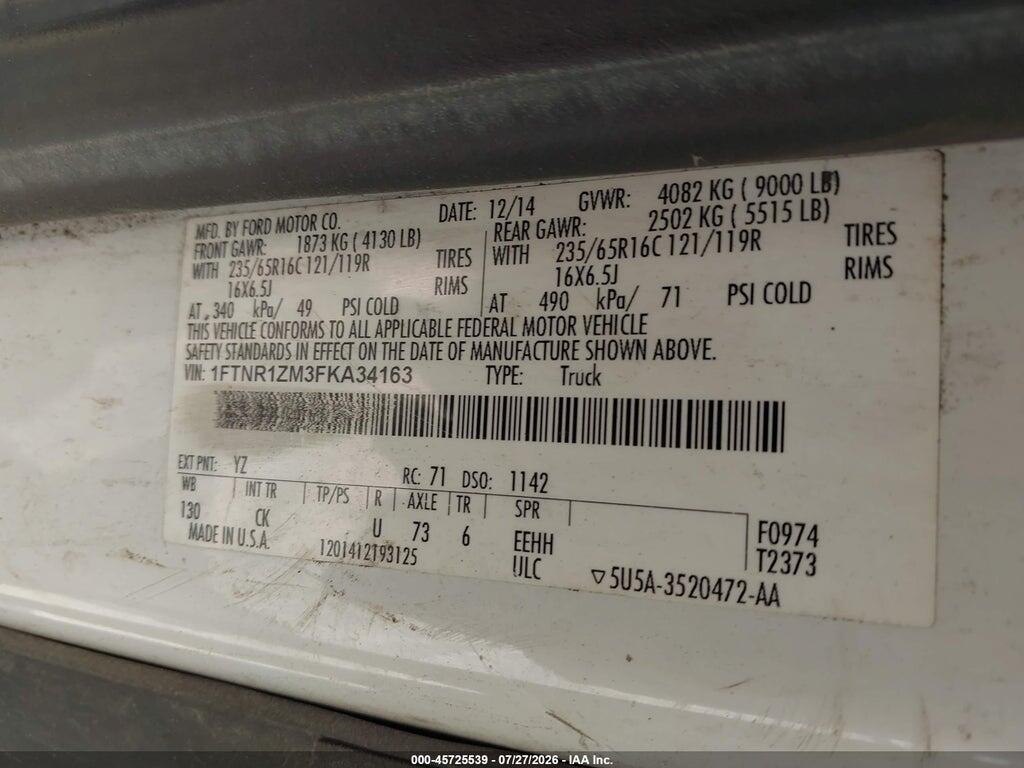 1FTNR1ZM3FKA34163 2015 FORD TRANSIT-250 photo no. 9