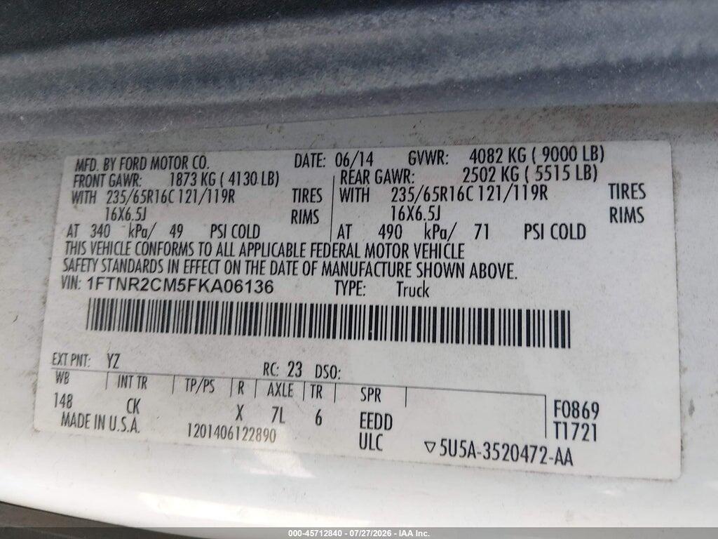 1FTNR2CM5FKA06136 2015 FORD TRANSIT-250 photo no. 9