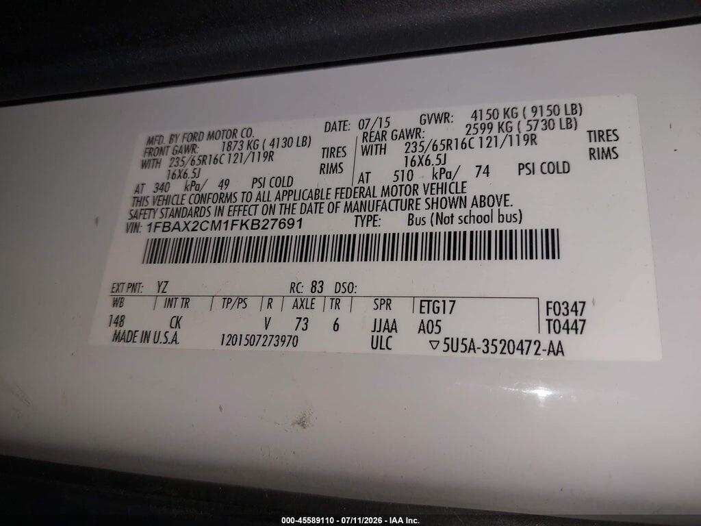 1FBAX2CM1FKB27691 2015 FORD TRANSIT-350 photo no. 9