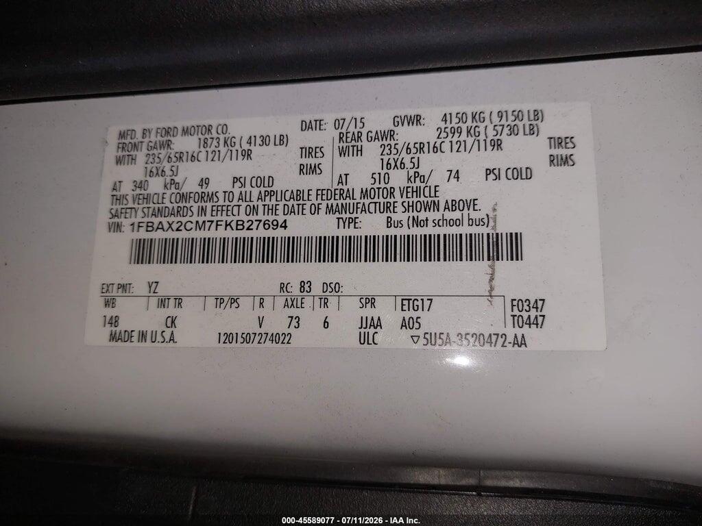 1FBAX2CM7FKB27694 2015 FORD TRANSIT-350 photo no. 9