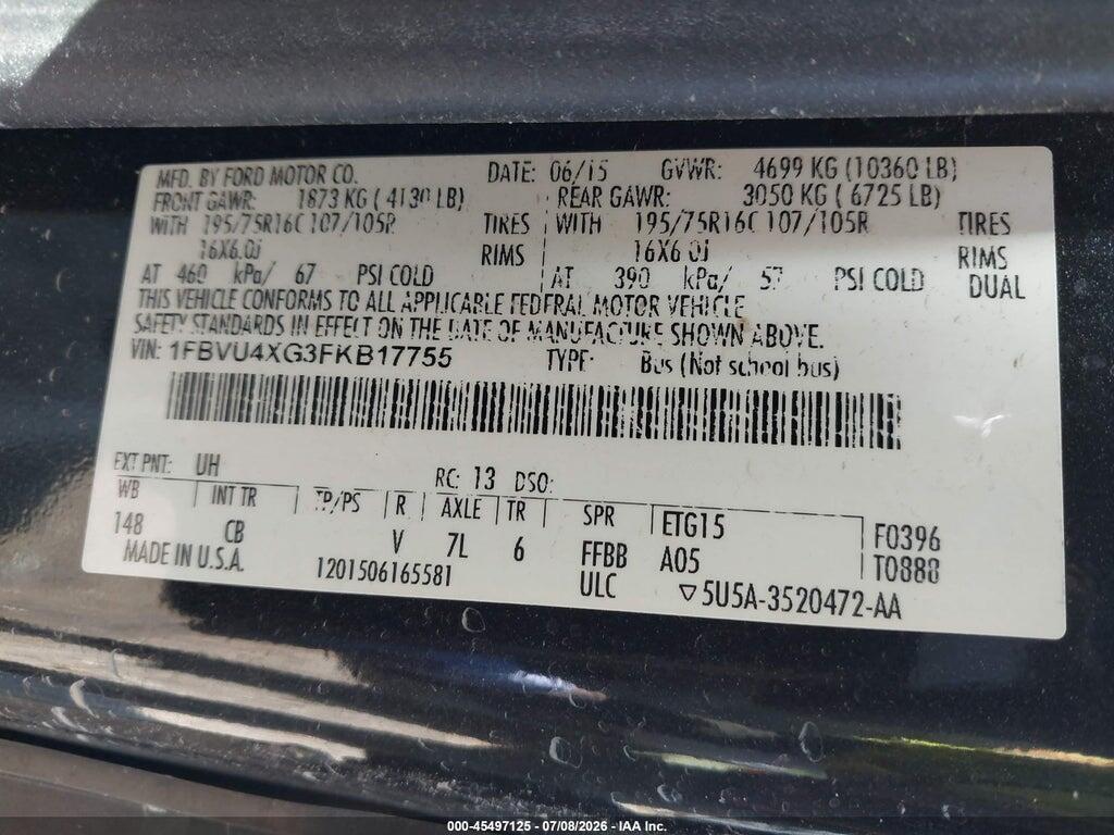 1FBVU4XG3FKB17755 2015 FORD TRANSIT-350 photo no. 9