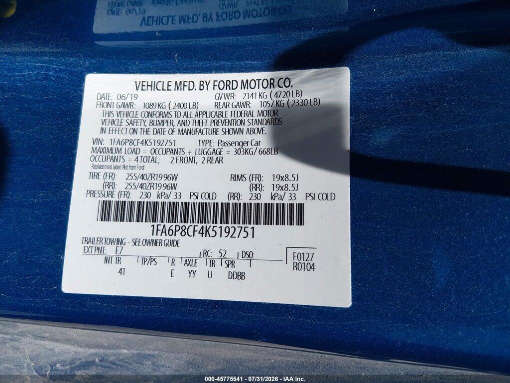 1FA6P8CF4K5192751 2019 FORD MUSTANG photo no. 9
