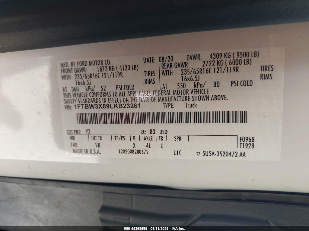 1FTBW3X89LKB23261 2020 FORD TRANSIT-350 CARGO VAN photo no. 9