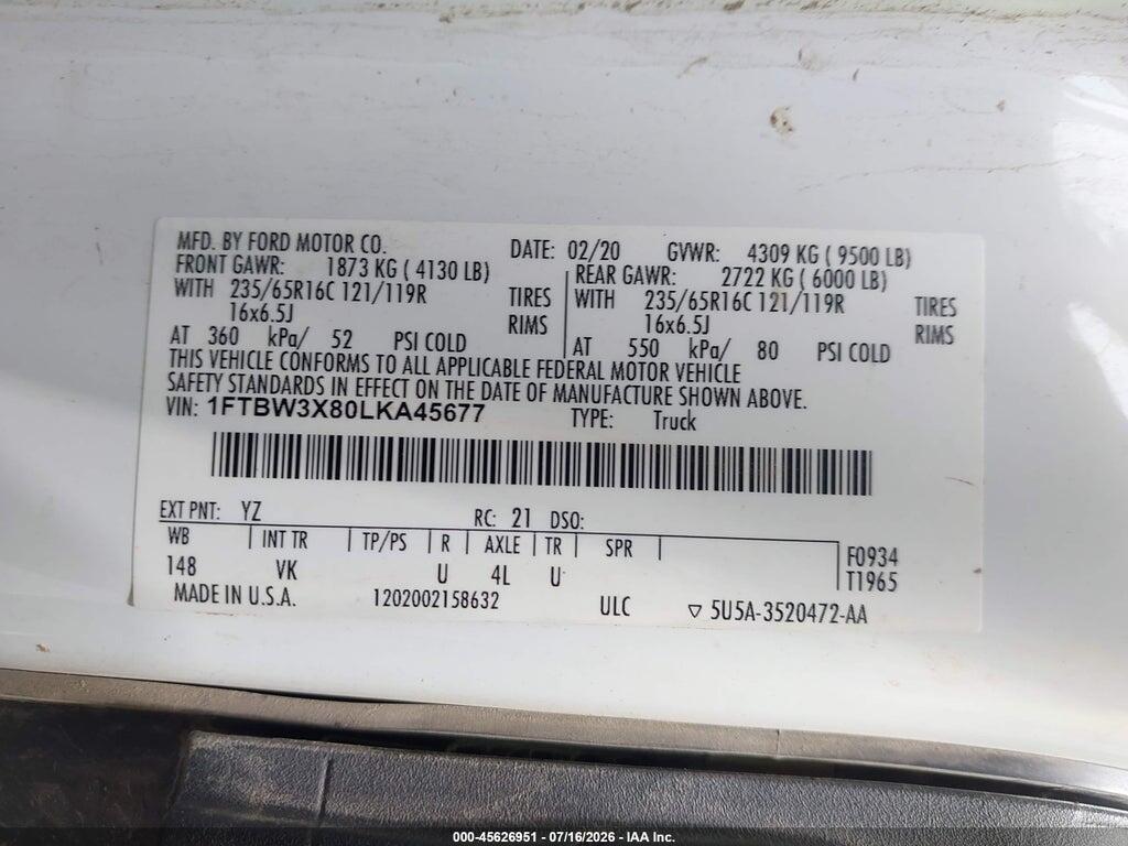 1FTBW3X80LKA45677 2020 FORD TRANSIT-350 CARGO VAN photo no. 9
