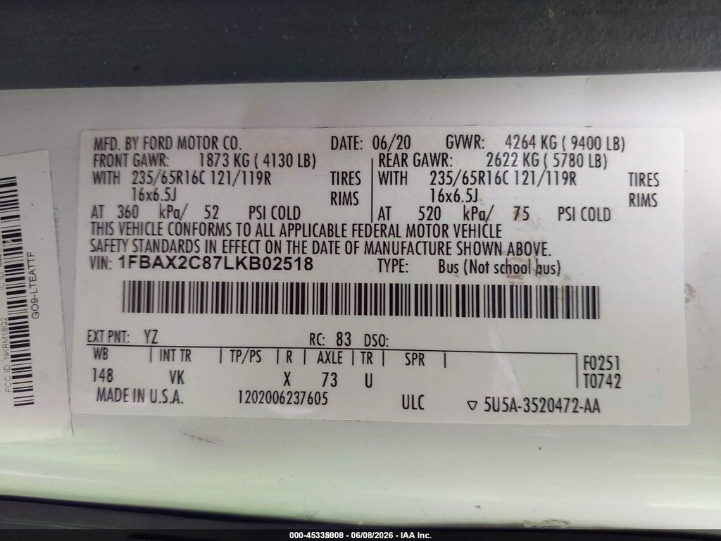 1FBAX2C87LKB02518 2020 FORD TRANSIT-350 PASSENGER VAN photo no. 9