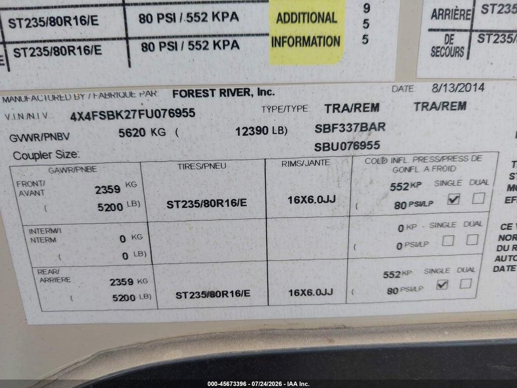 4X4FSBK27FU076955 2015 FOREST RIVER SALEM HEMISPHERE LITE SERI photo no. 9