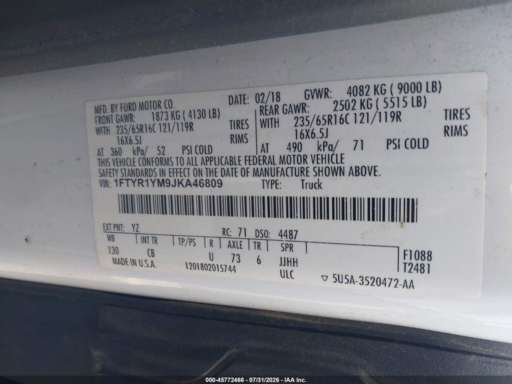 1FTYR1YM9JKA46809 2018 FORD TRANSIT-250 photo no. 9
