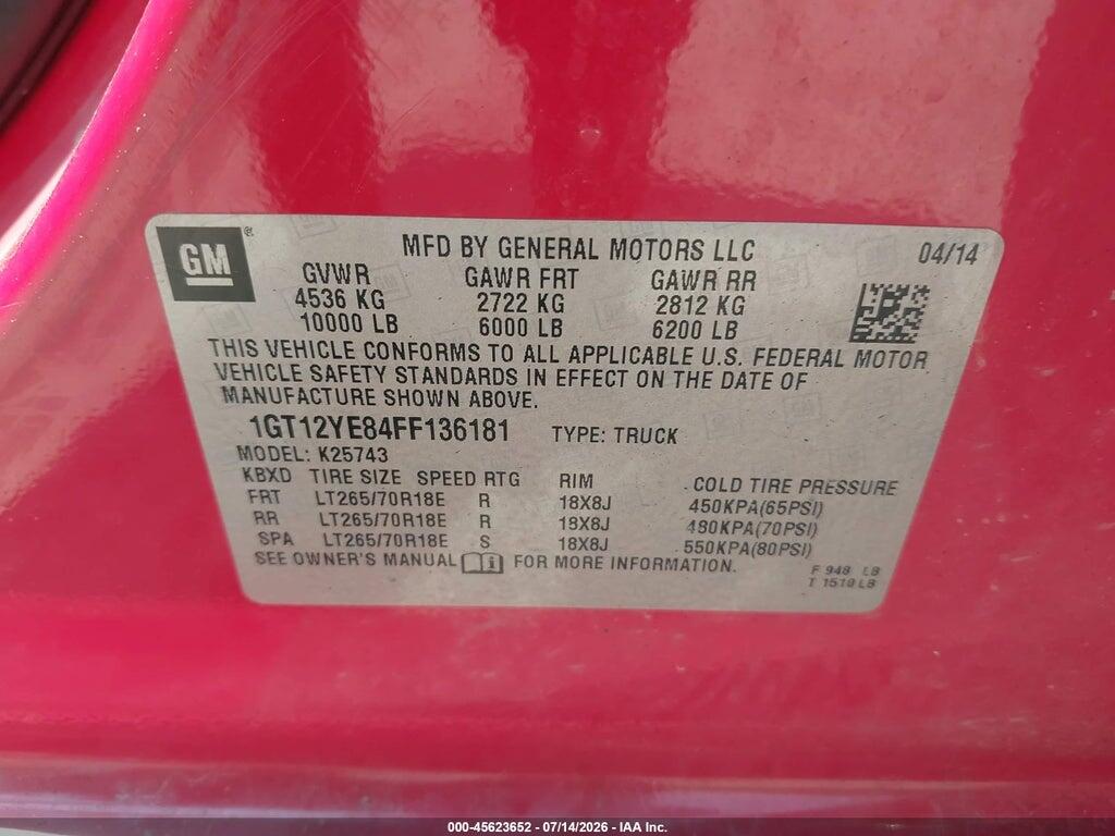 1GT12YE84FF136181 2015 GMC SIERRA 2500HD photo no. 9