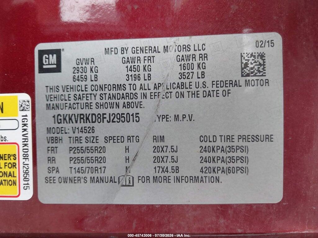 1GKKVRKD8FJ295015 2015 GMC ACADIA photo no. 9