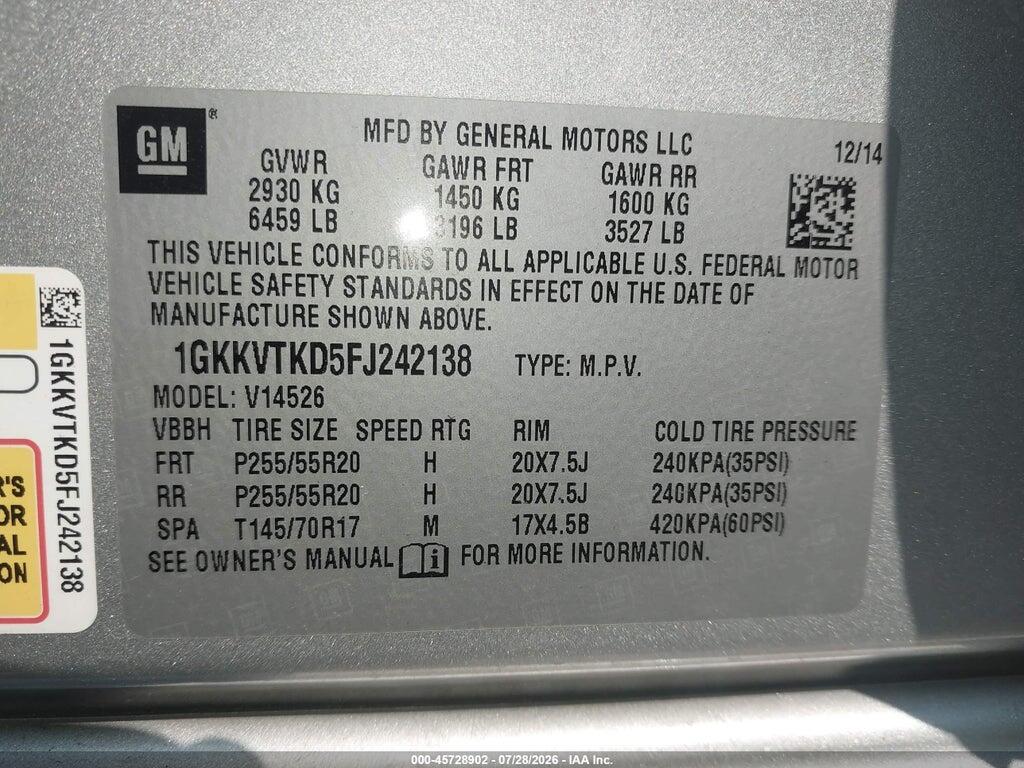 1GKKVTKD5FJ242138 2015 GMC ACADIA photo no. 9