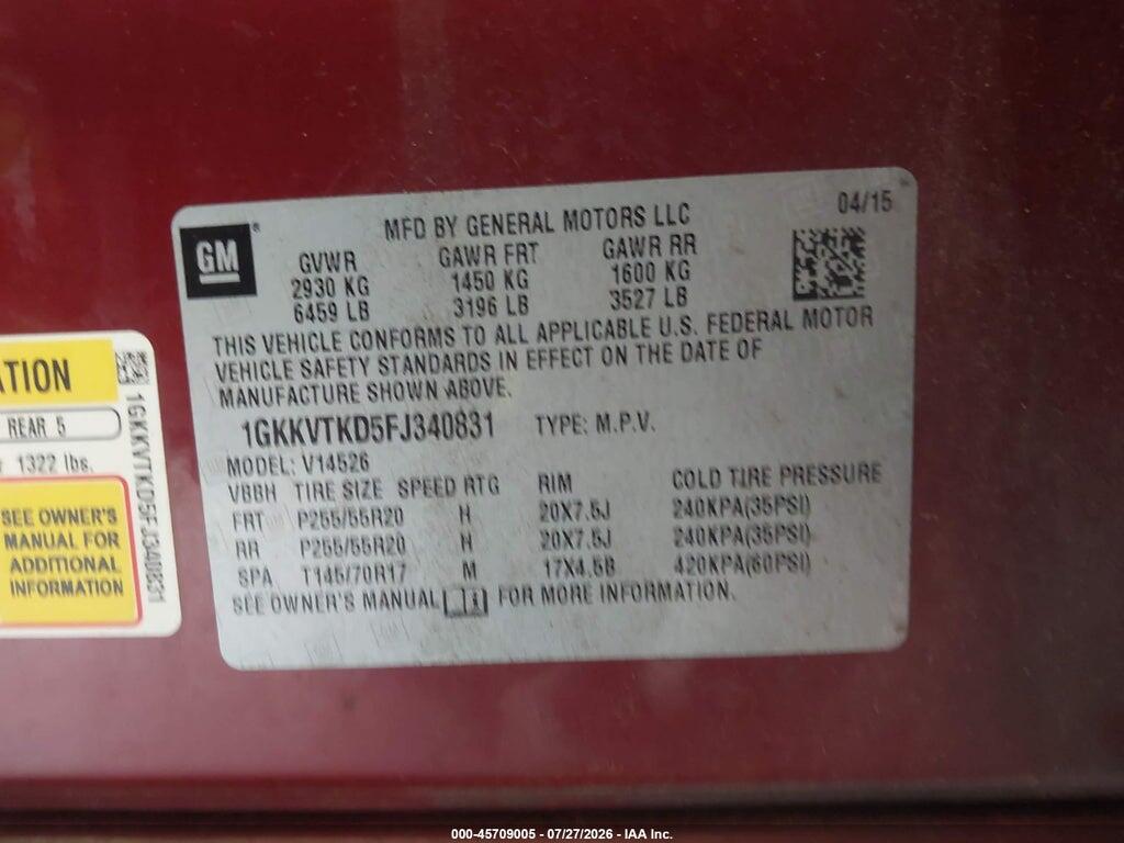 1GKKVTKD5FJ340831 2015 GMC ACADIA photo no. 9