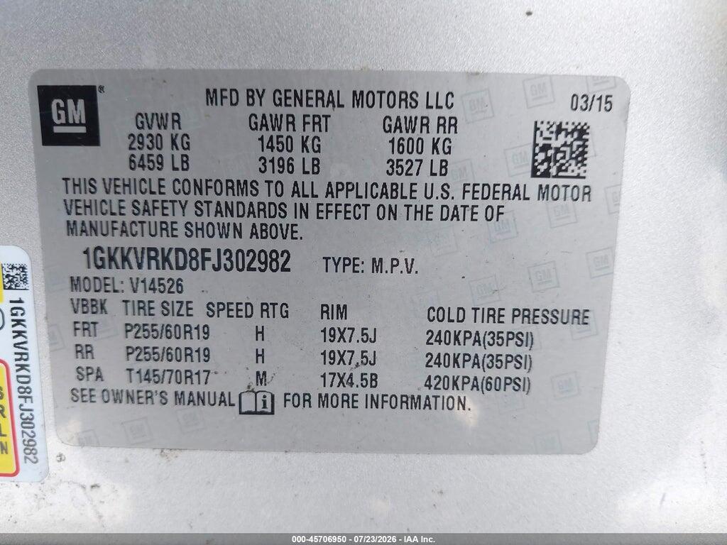 1GKKVRKD8FJ302982 2015 GMC ACADIA photo no. 9