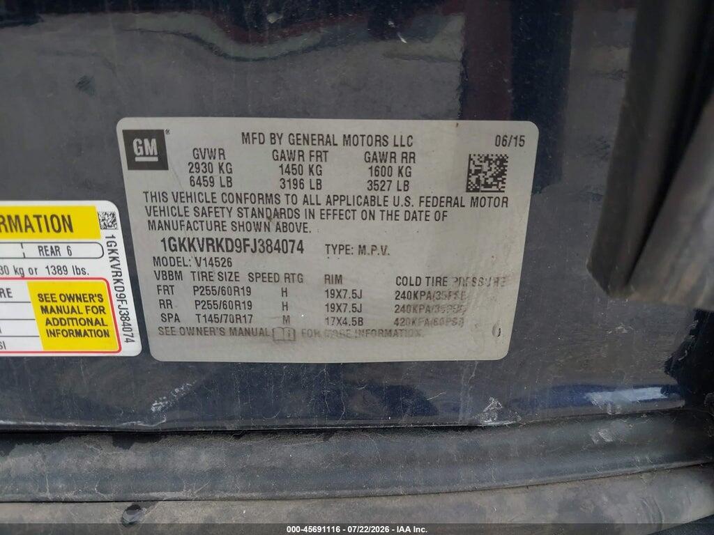 1GKKVRKD9FJ384074 2015 GMC ACADIA photo no. 9