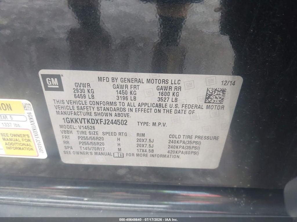 1GKKVTKDXFJ244502 2015 GMC ACADIA photo no. 9