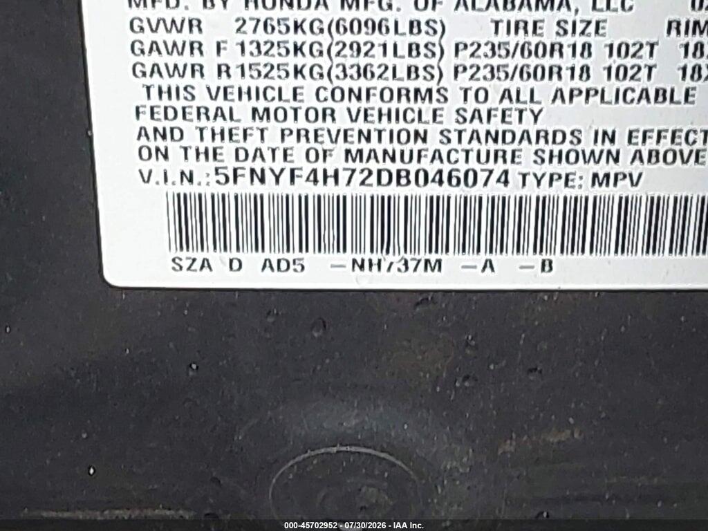 5FNYF4H72DB046074 2013 HONDA PILOT photo no. 9
