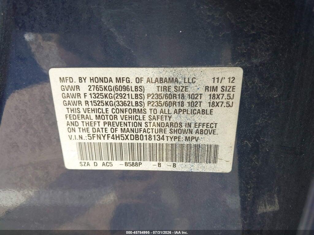 5FNYF4H5XDB018134 2013 HONDA PILOT photo no. 9