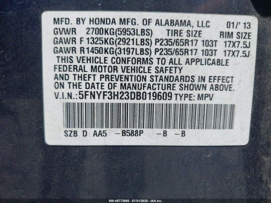 5FNYF3H23DB019609 2013 HONDA PILOT photo no. 9