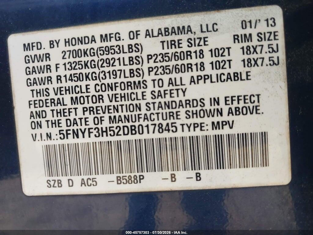 5FNYF3H52DB017845 2013 HONDA PILOT photo no. 9