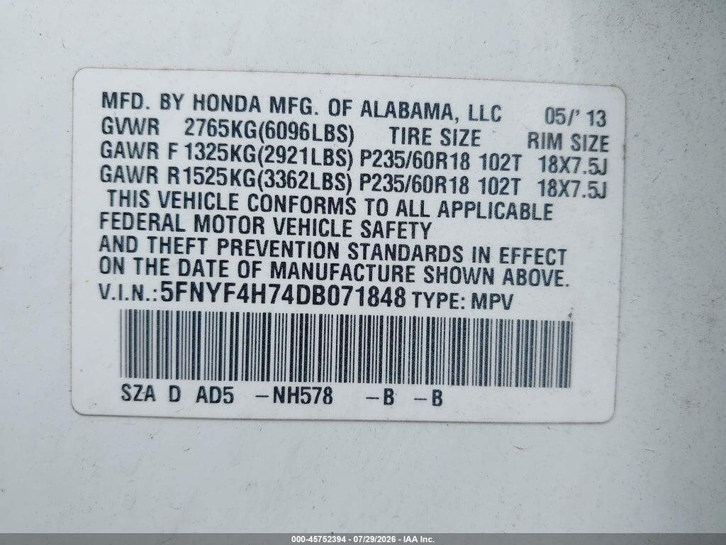 5FNYF4H74DB071848 2013 HONDA PILOT photo no. 9