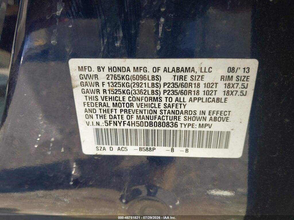 5FNYF4H50DB080836 2013 HONDA PILOT photo no. 9