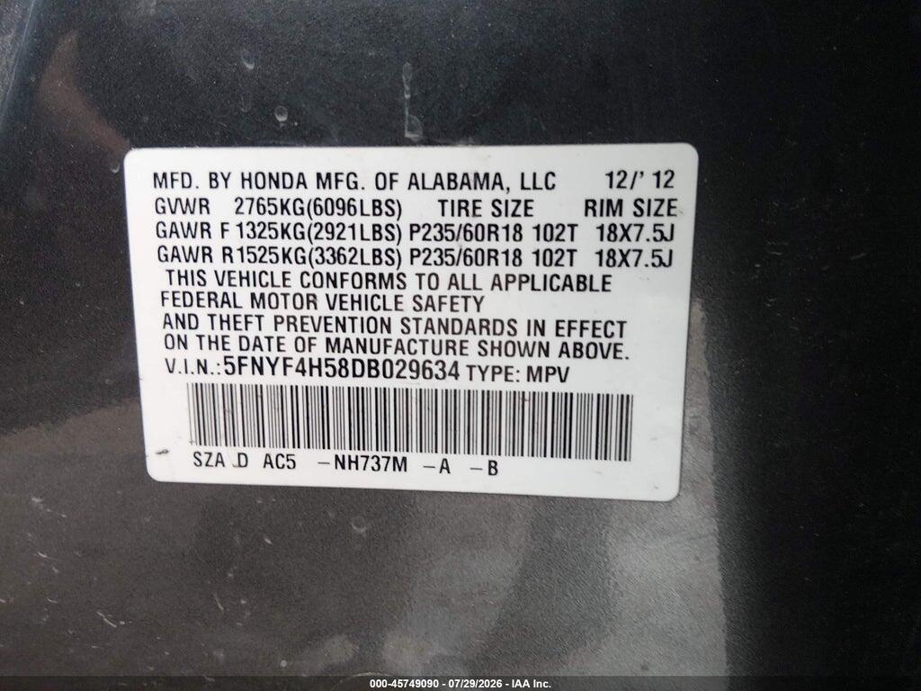 5FNYF4H58DB029634 2013 HONDA PILOT photo no. 9