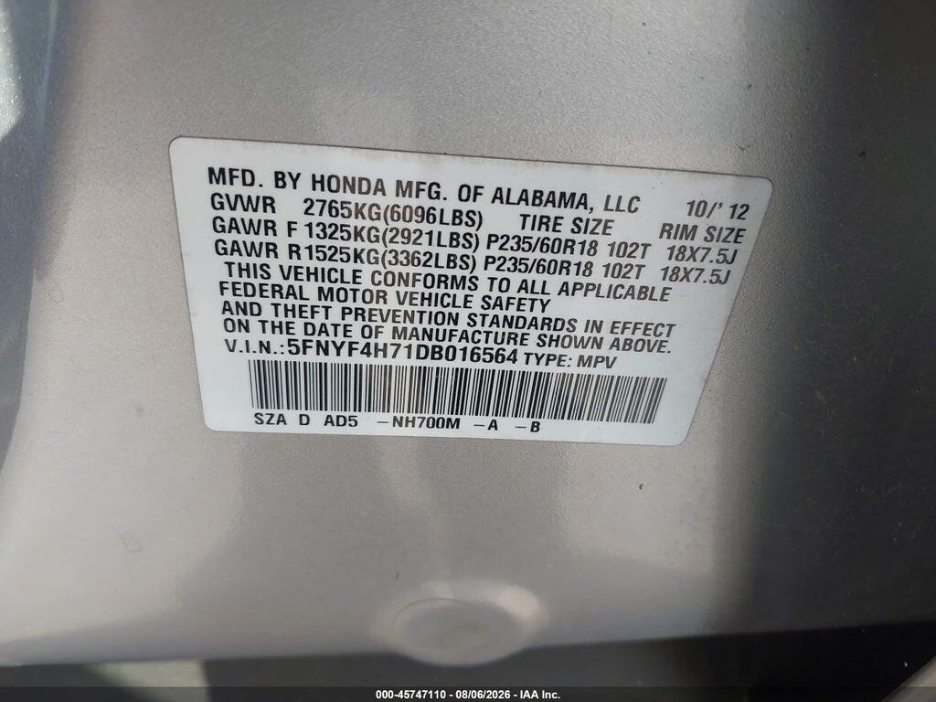 5FNYF4H71DB016564 2013 HONDA PILOT photo no. 9