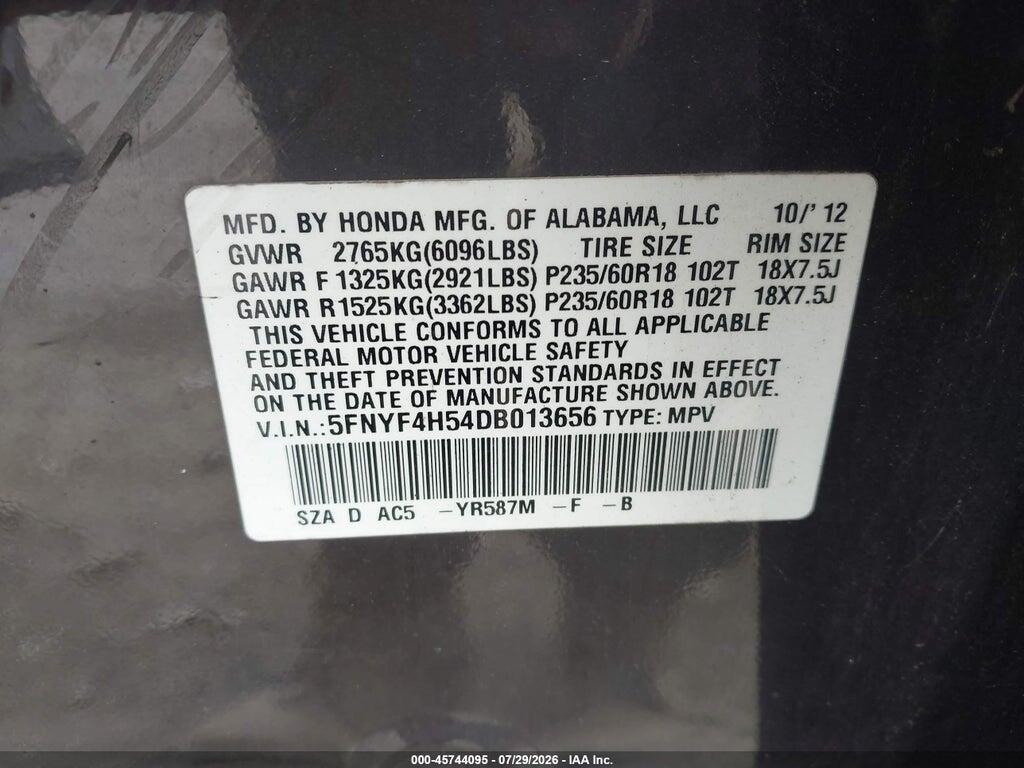 5FNYF4H54DB013656 2013 HONDA PILOT photo no. 9