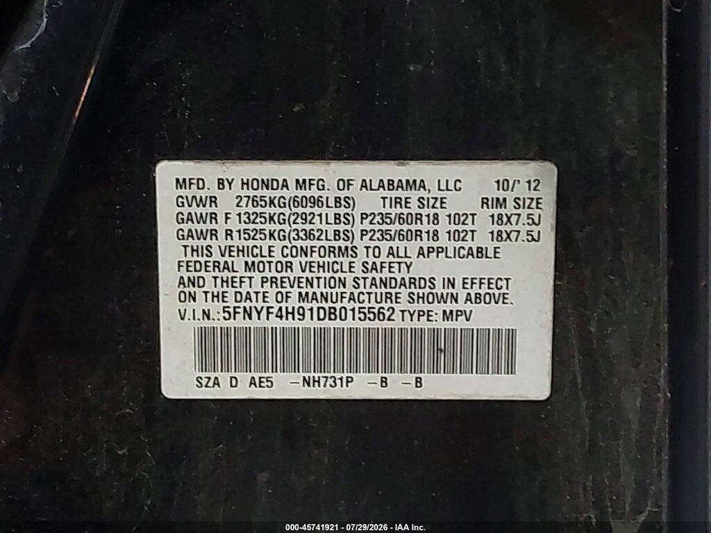 5FNYF4H91DB015562 2013 HONDA PILOT photo no. 9