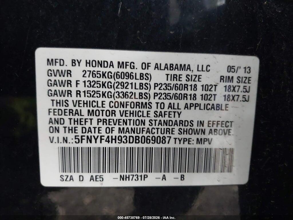 5FNYF4H93DB069087 2013 HONDA PILOT photo no. 9
