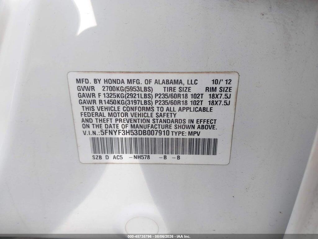 5FNYF3H53DB007910 2013 HONDA PILOT photo no. 9