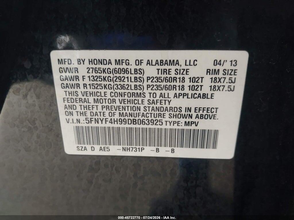 5FNYF4H99DB063925 2013 HONDA PILOT photo no. 9