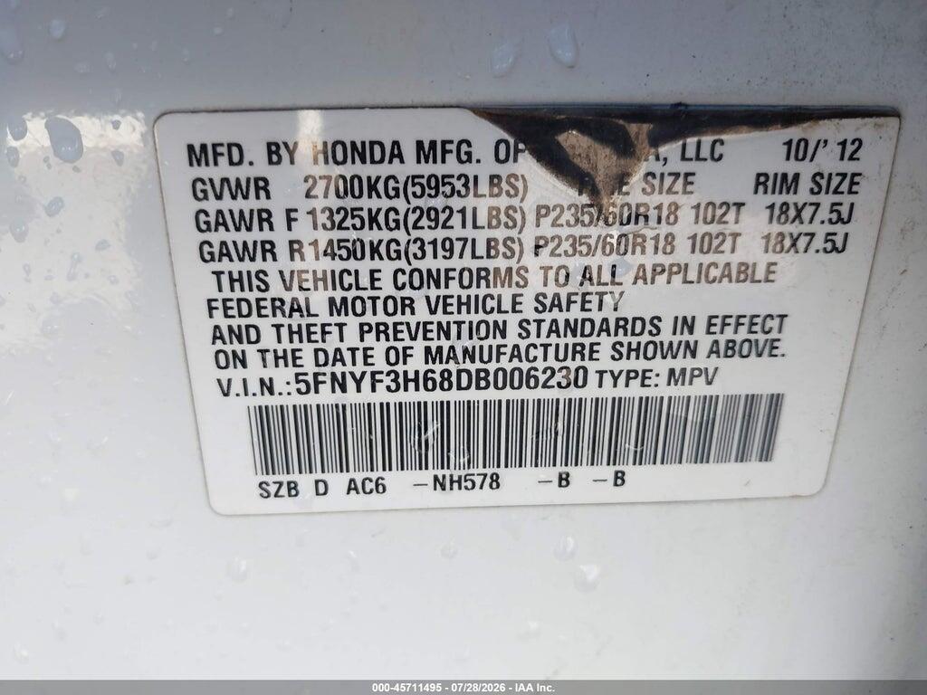 5FNYF3H68DB006230 2013 HONDA PILOT photo no. 9