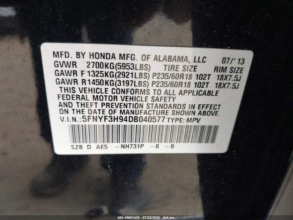 5FNYF3H94DB040577 2013 HONDA PILOT photo no. 9