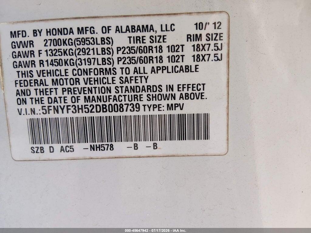 5FNYF3H52DB008739 2013 HONDA PILOT photo no. 9