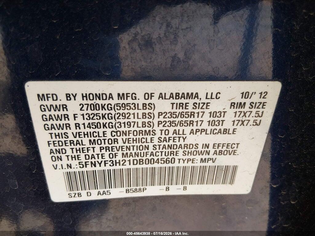 5FNYF3H21DB004560 2013 HONDA PILOT photo no. 9