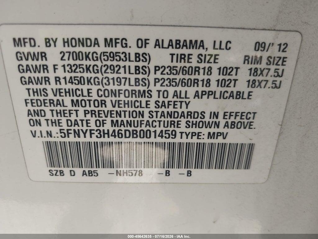5FNYF3H46DB001459 2013 HONDA PILOT photo no. 9