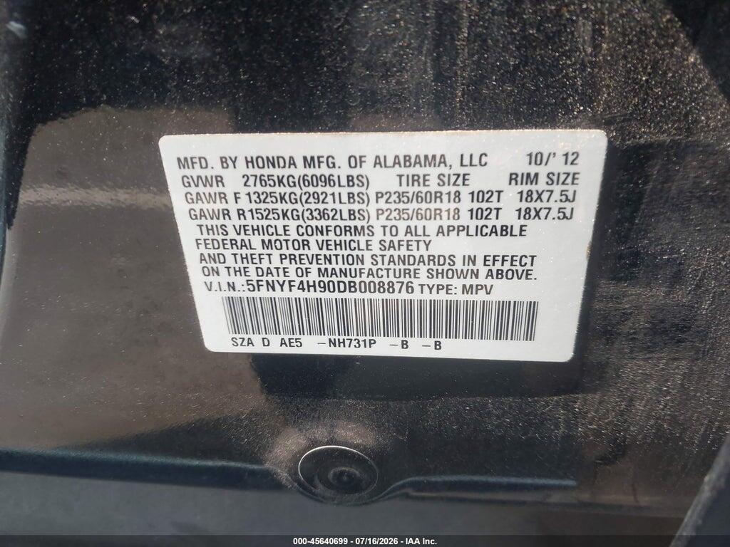 5FNYF4H90DB008876 2013 HONDA PILOT photo no. 9