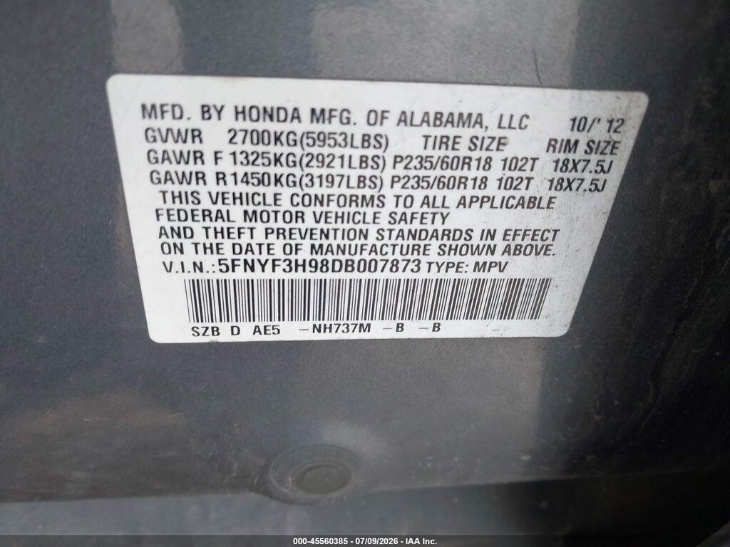5FNYF3H98DB007873 2013 HONDA PILOT photo no. 9