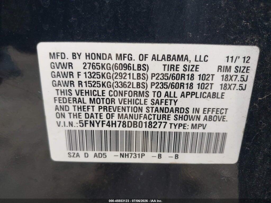 5FNYF4H78DB018277 2013 HONDA PILOT photo no. 9