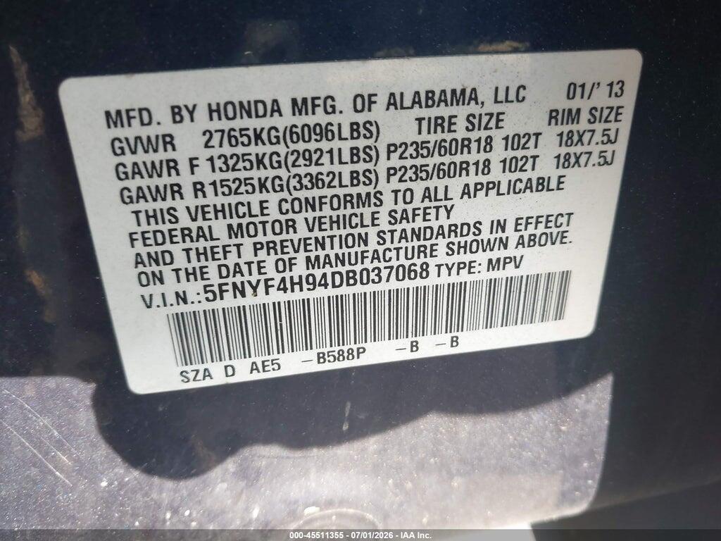 5FNYF4H94DB037068 2013 HONDA PILOT photo no. 9