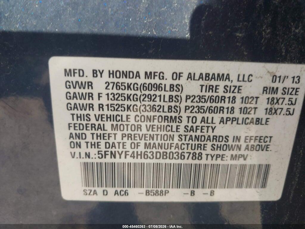 5FNYF4H63DB036788 2013 HONDA PILOT photo no. 9