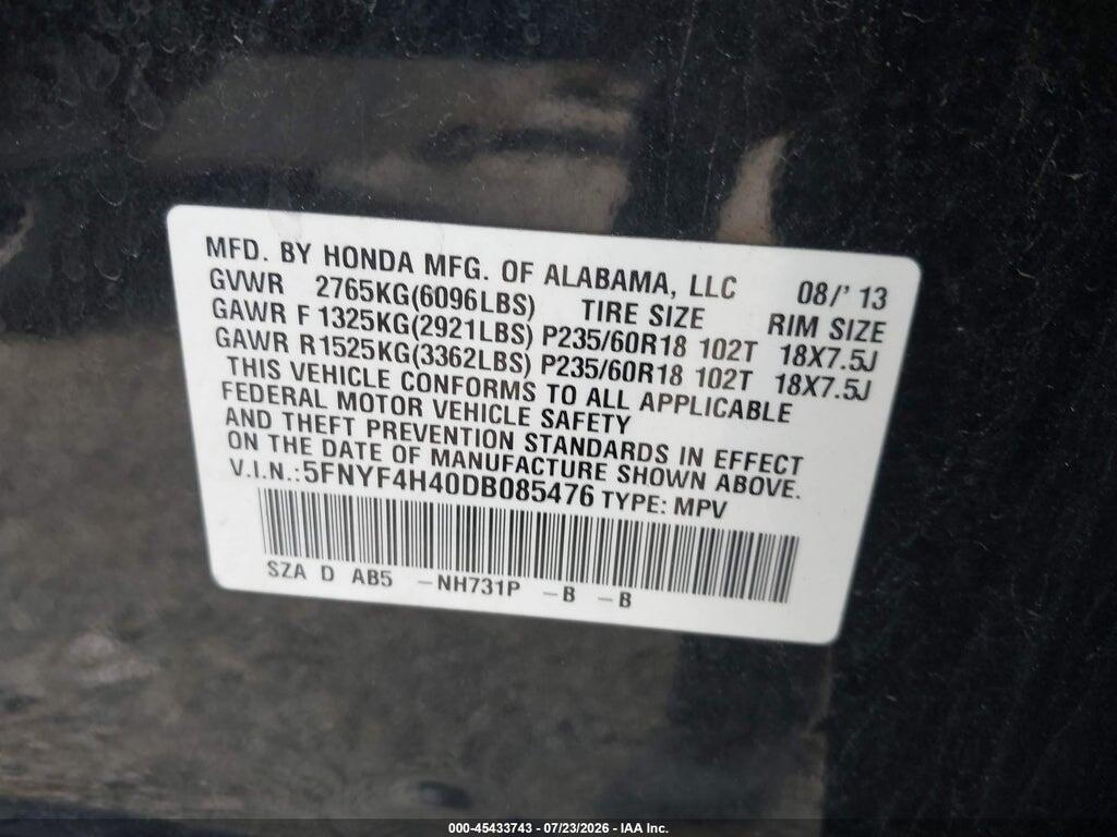 5FNYF4H40DB085476 2013 HONDA PILOT photo no. 9
