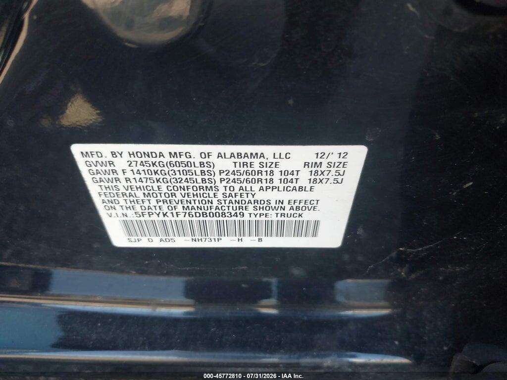 5FPYK1F76DB008349 2013 HONDA RIDGELINE photo no. 9