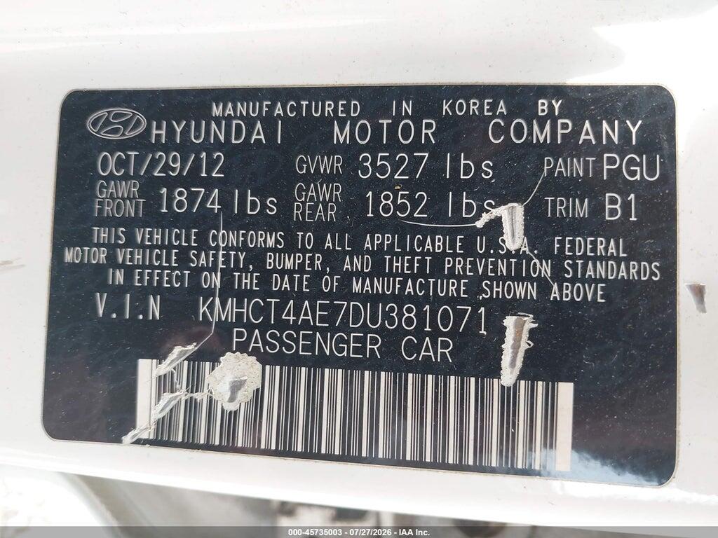 KMHCT4AE7DU381071 2013 HYUNDAI ACCENT photo no. 9