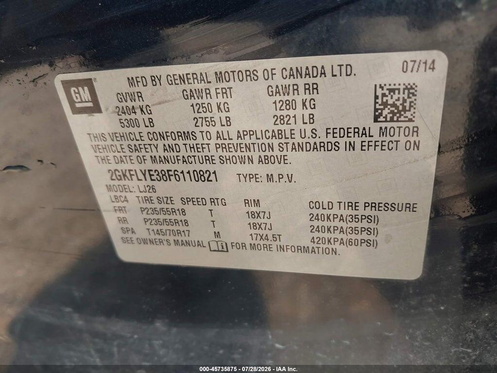 2GKFLYE38F6110821 2015 GMC TERRAIN photo no. 9