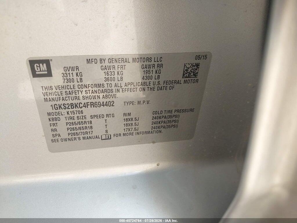 1GKS2BKC4FR694402 2015 GMC YUKON photo no. 9