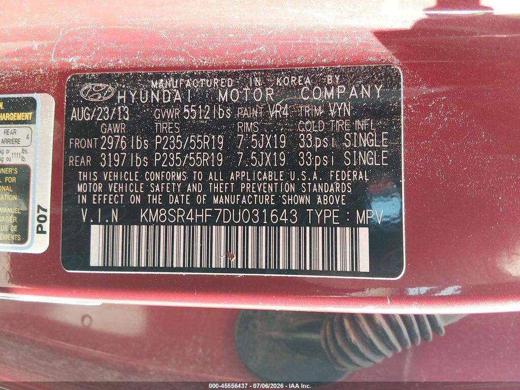 KM8SR4HF7DU031643 2013 HYUNDAI SANTA FE photo no. 9