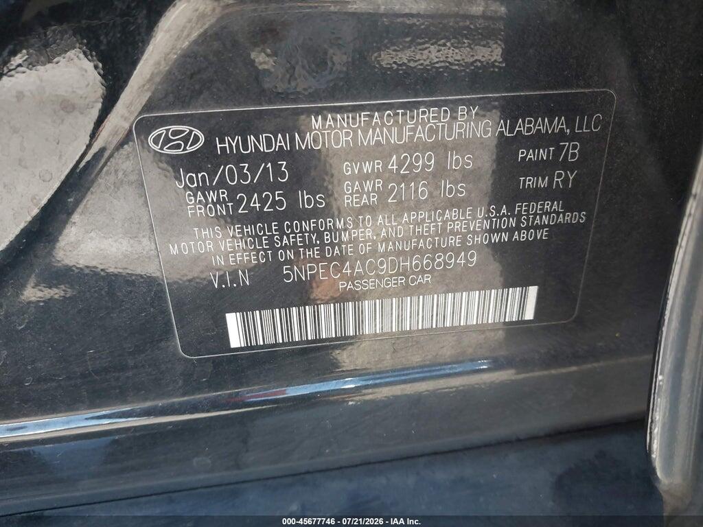 5NPEC4AC9DH668949 2013 HYUNDAI SONATA photo no. 9