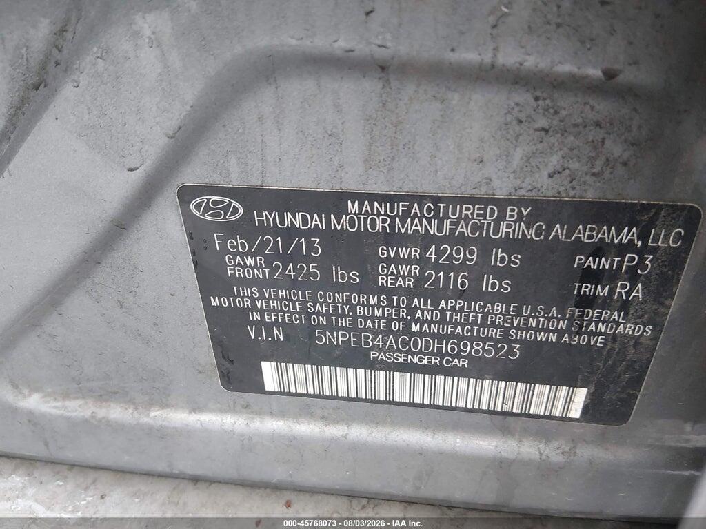 5NPEB4AC0DH698523 2013 HYUNDAI SONATA photo no. 9